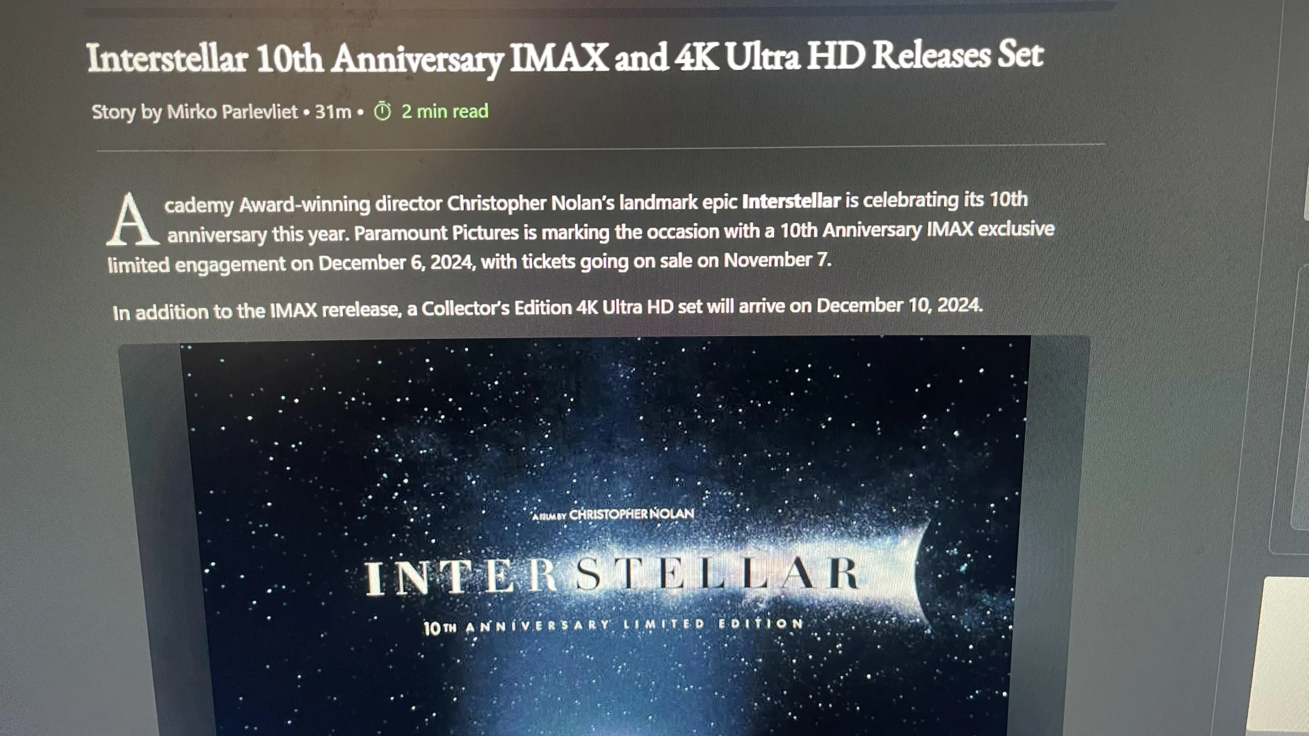 Christopher Nolan’s ‘Interstellar’ Celebrates 10th Anniversary with 4K Release and Box Office Success